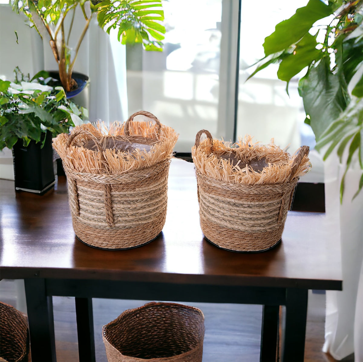 Set di 2 Cesti Rotondi con Rafia • 27 cm