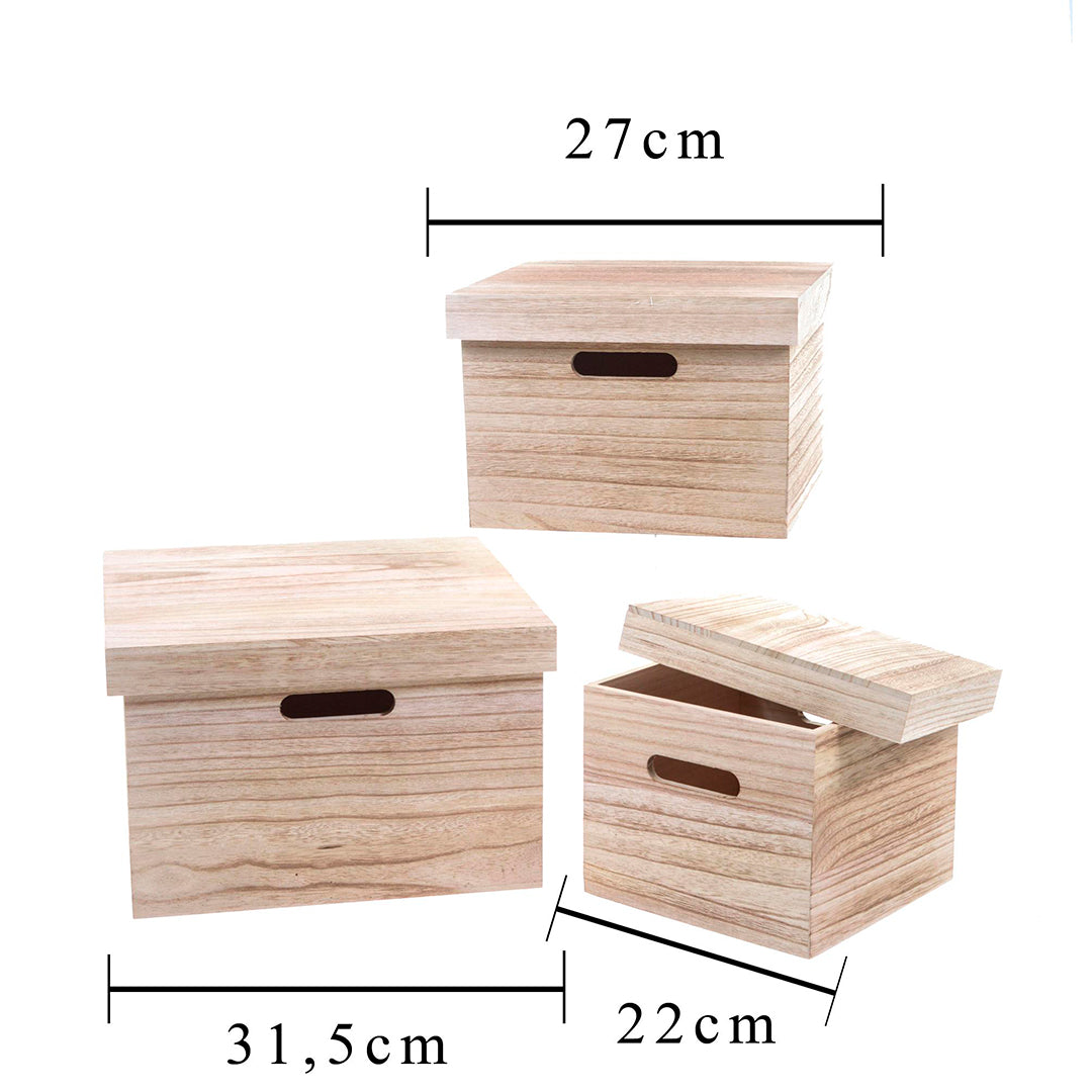 Set 3 scatole legno coperchio • 32 cm