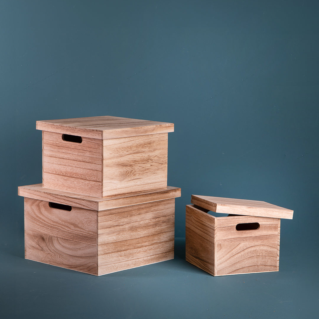 Set 3 scatole legno coperchio • 32 cm