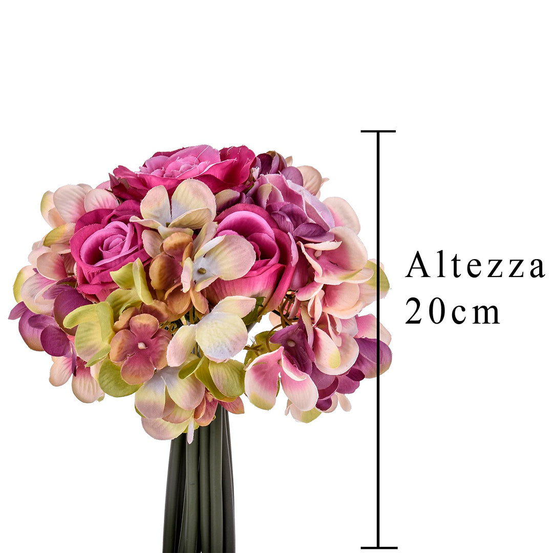 Bouquet artificiale 11 fiori rose ortensie • 20 cm