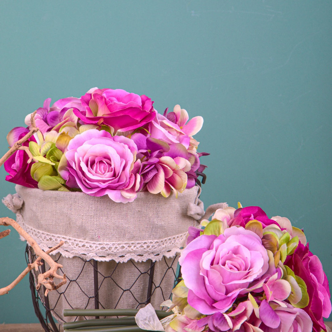 Bouquet artificiale 11 fiori rose ortensie • 20 cm