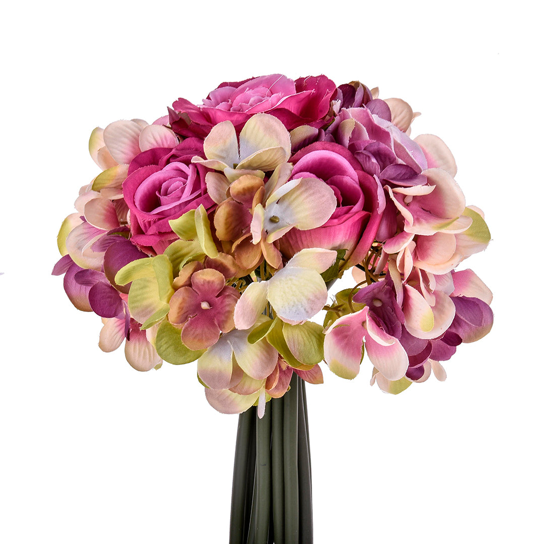 Bouquet artificiale 11 fiori rose ortensie • 20 cm