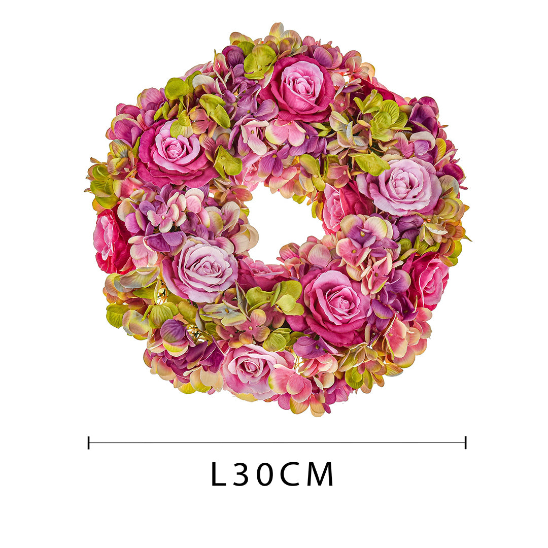 Corona con fiori artificiali di rose e ortensie • 30 cm
