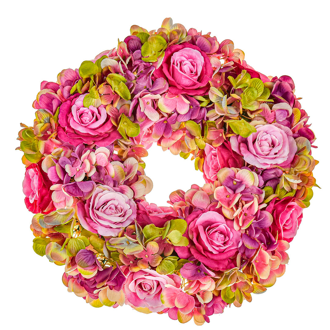 Corona con fiori artificiali di rose e ortensie • 30 cm