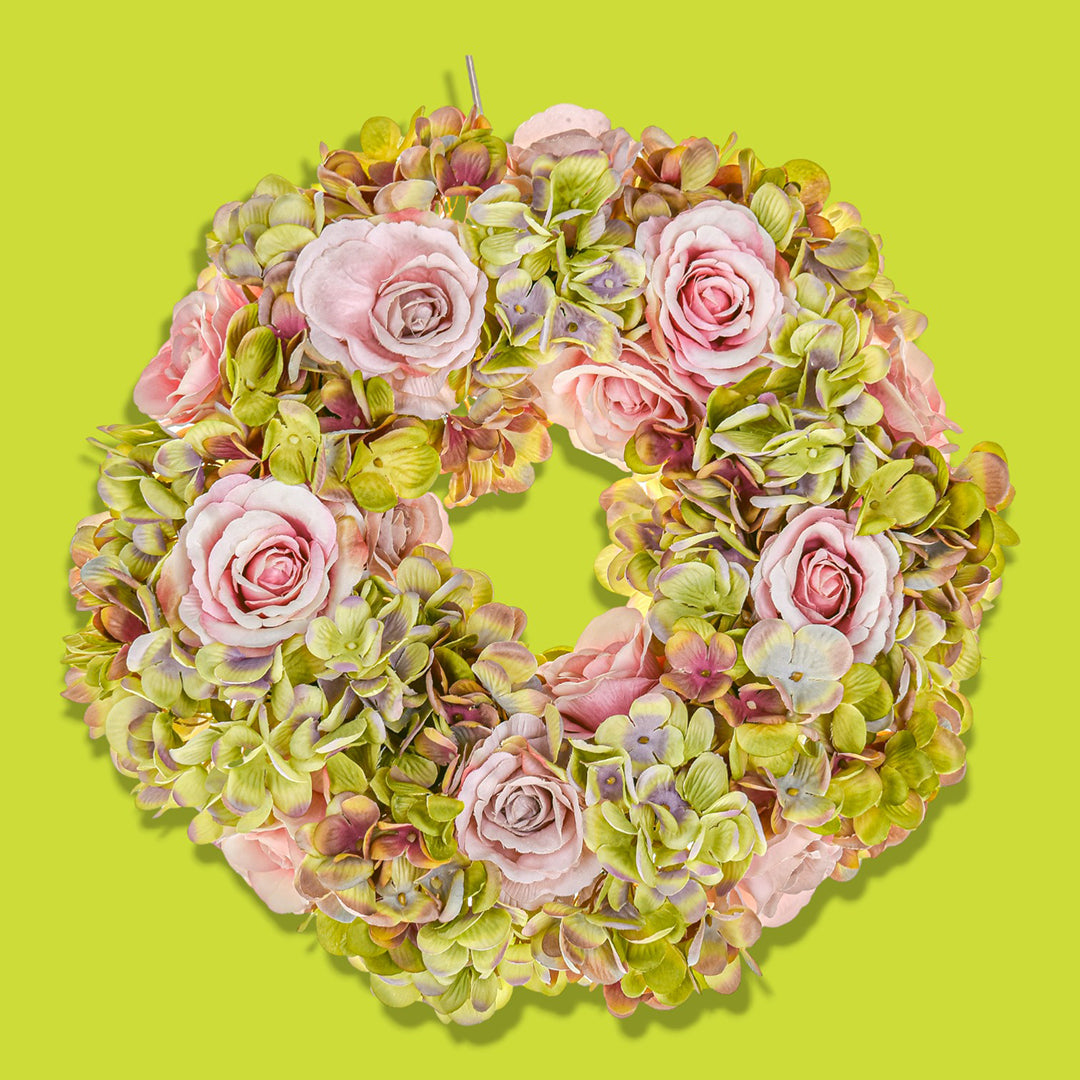 Corona con fiori artificiali di rose e ortensie • 30 cm