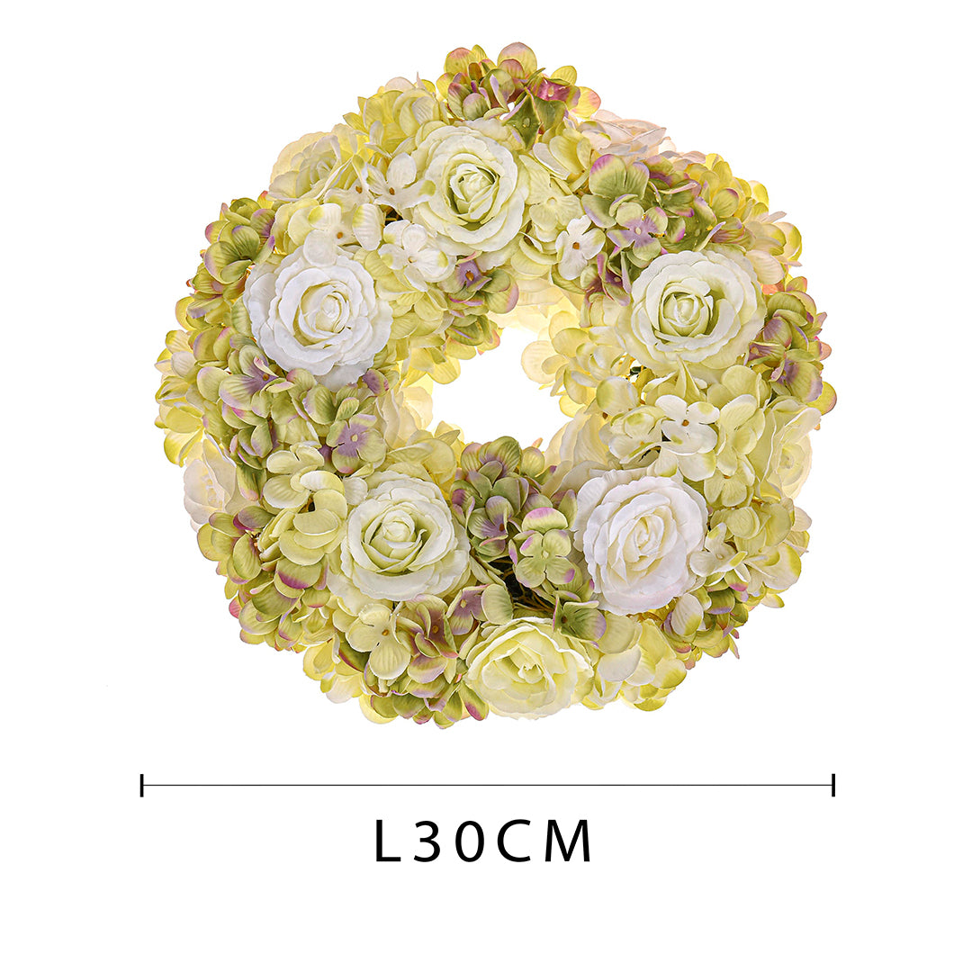 Corona con fiori artificiali di rose e ortensie • 30 cm