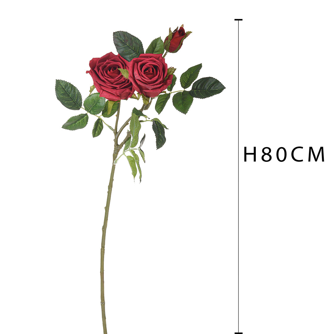 2 Pezzi • Rose artificiali real touch a 3 diramazioni • 80 cm