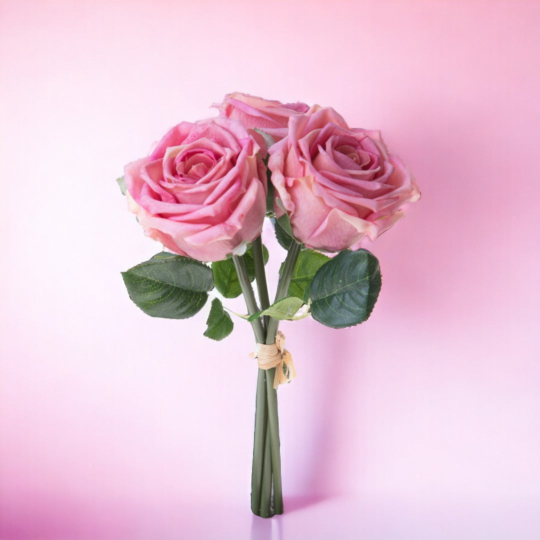 2 Pezzi • Bouquet rose artificiali 3 fiori real touch • 30 cm