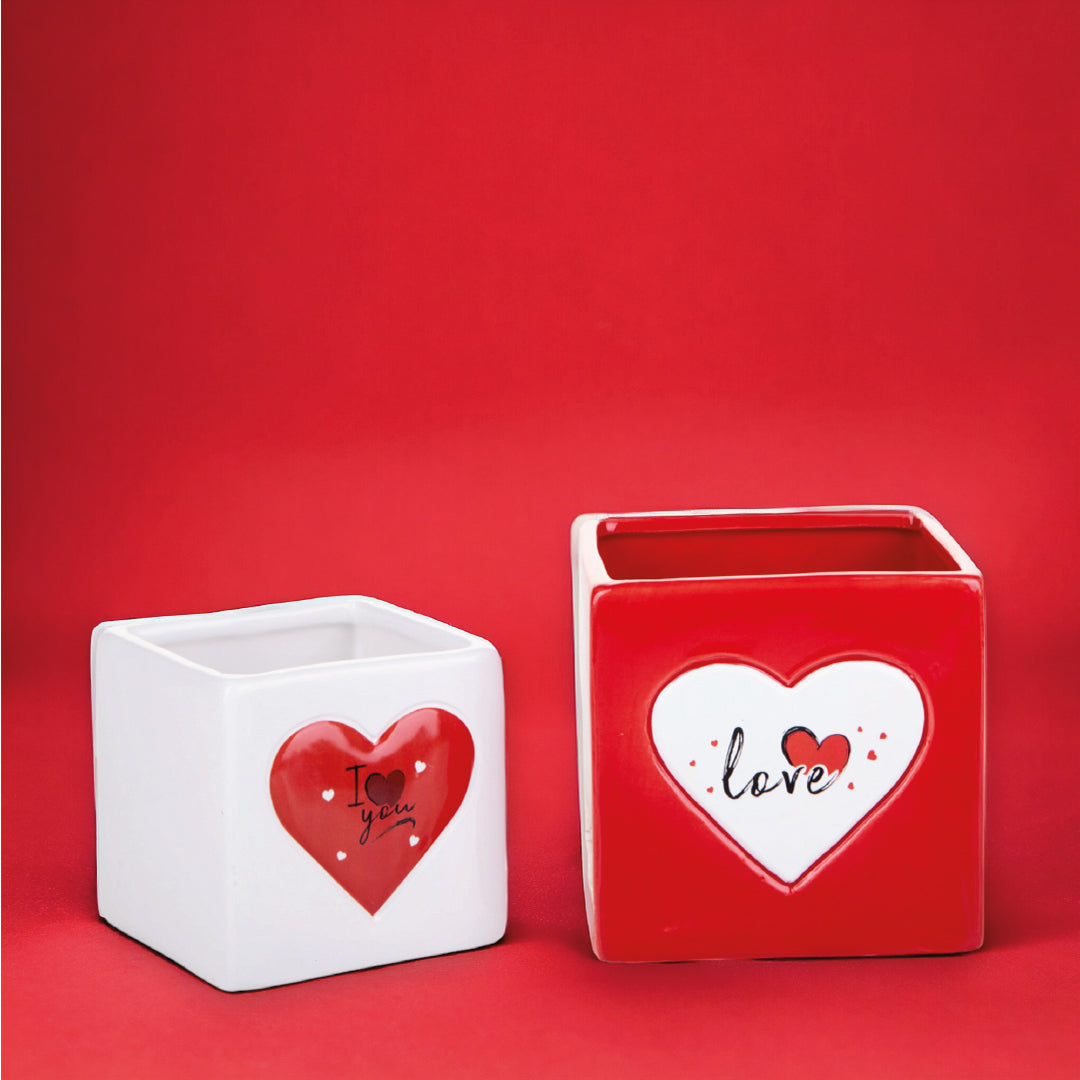 Set 2 cachepot quadrati con cuori • 12,6 cm