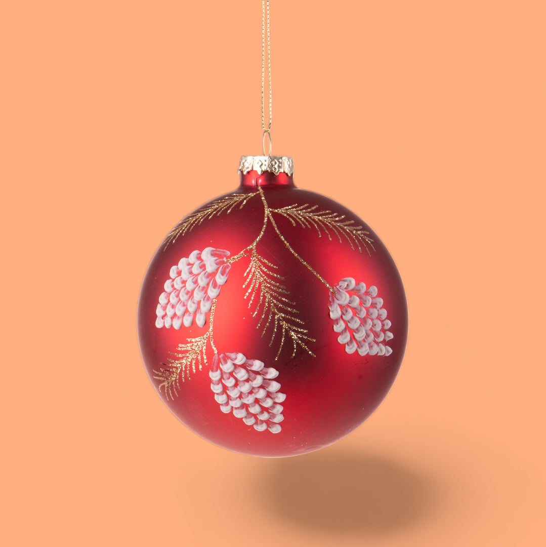 6 Pezzi • Sfera con Ramo Pino • 8 cm