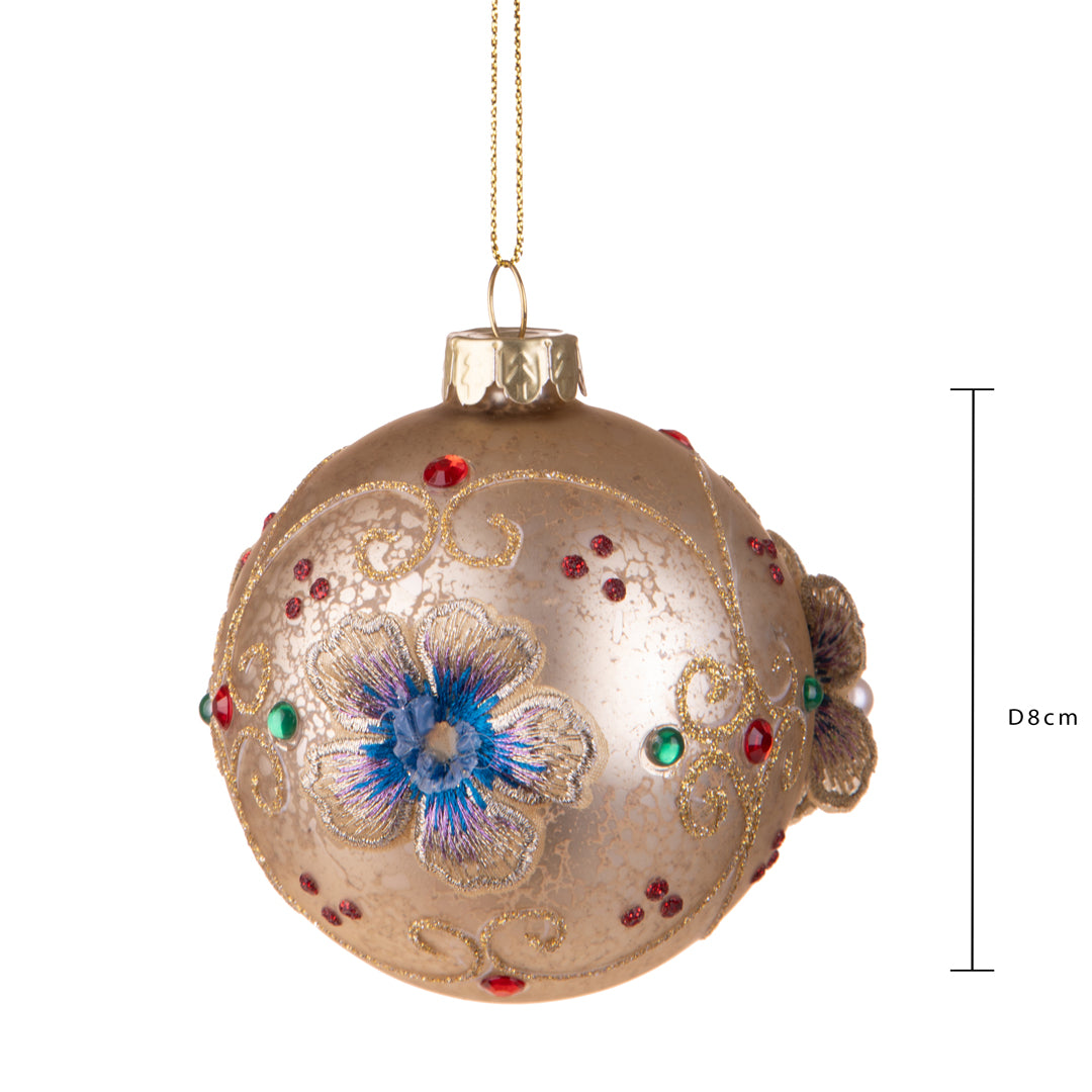 6 Pezzi • Sfera con Fiori Perle e Diamanti • 8 cm