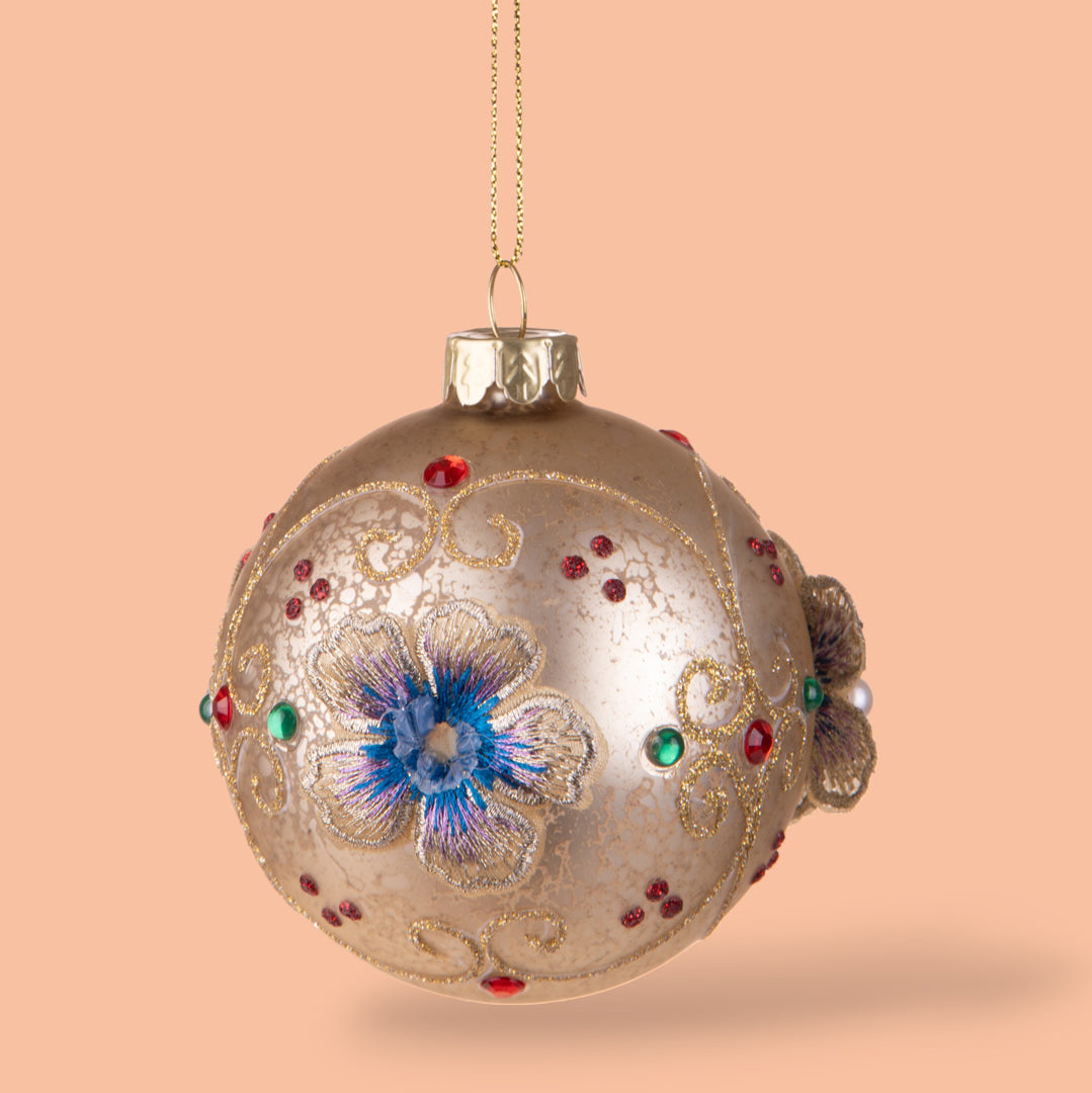 6 Pezzi • Sfera con Fiori Perle e Diamanti • 8 cm