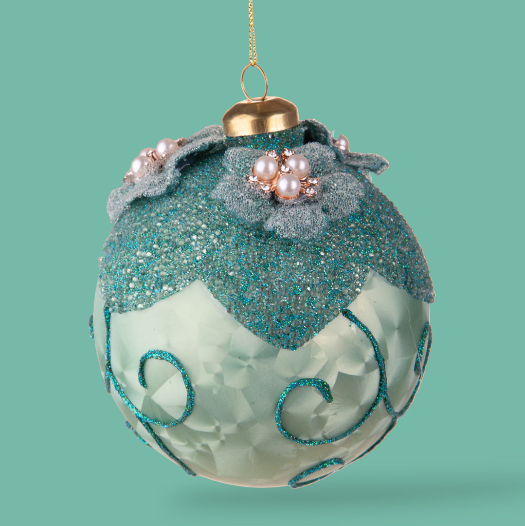 4 Pezzi • Sfera con Fiori intarsi e Perle • 10 cm