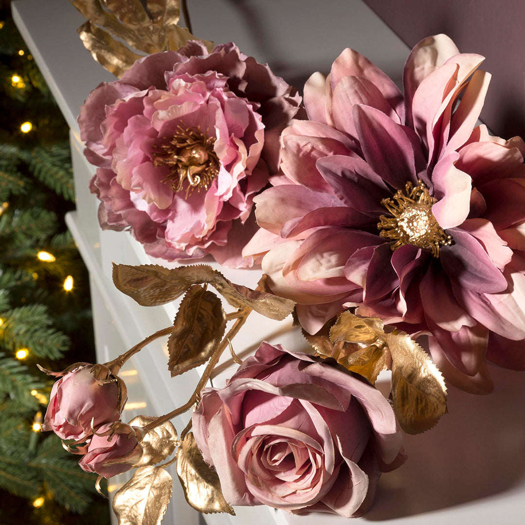 4 Pezzi • Peonia con foglie dorate • 63 cm