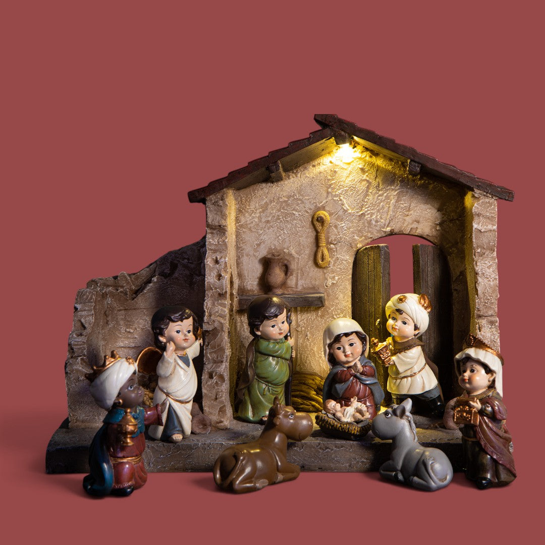 Nativita' h, 9 pz con capanna con led • H 29 cm