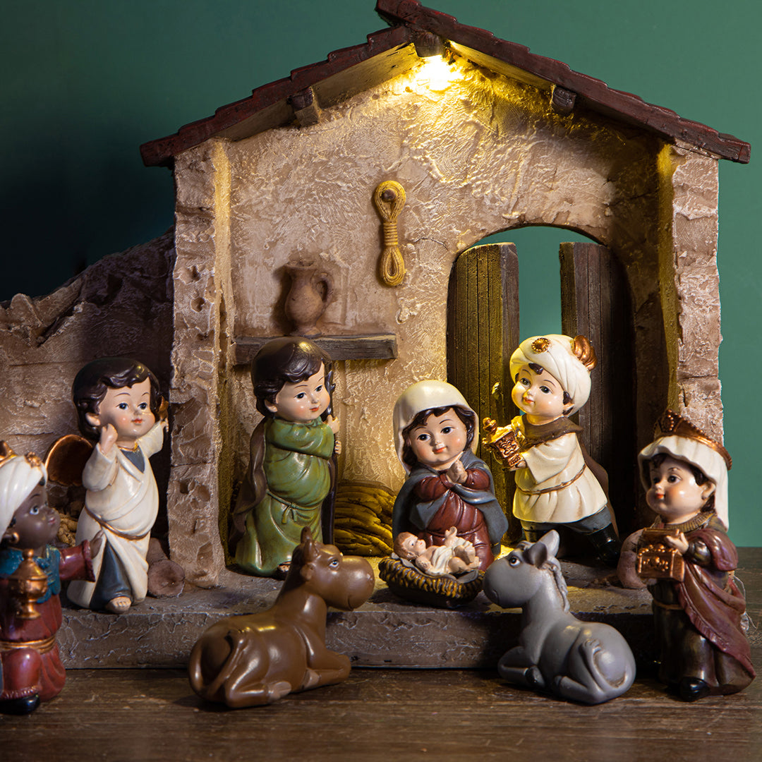 Natività capanna luce led 9 pezzi • 16,5 cm