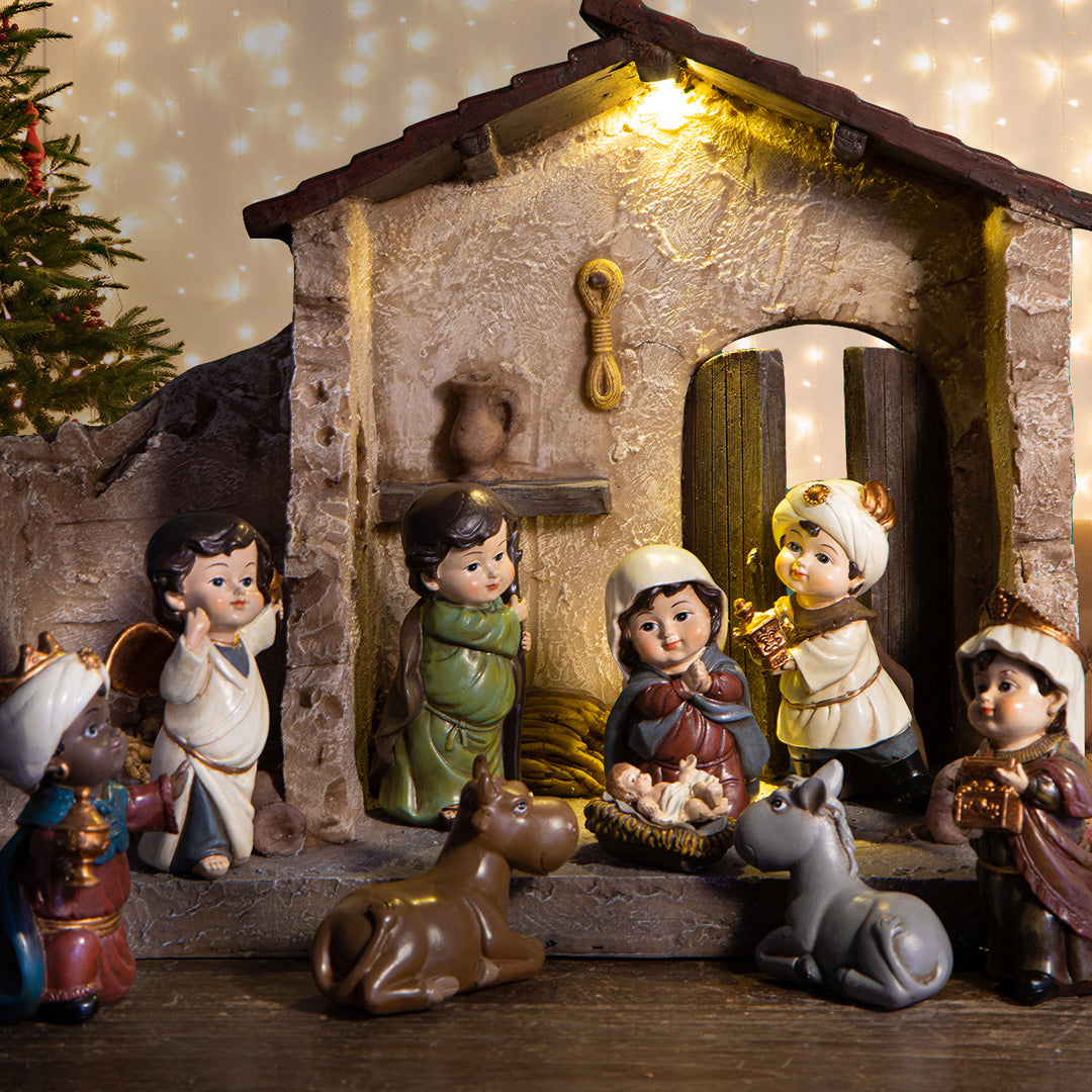 Natività capanna luce led 9 pezzi • 16,5 cm