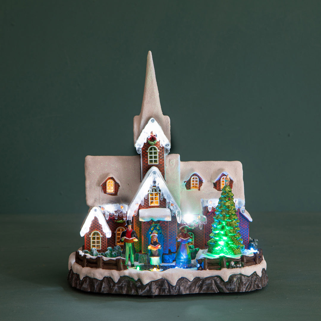 Chiesetta con luci musica e cantori • 31 cm