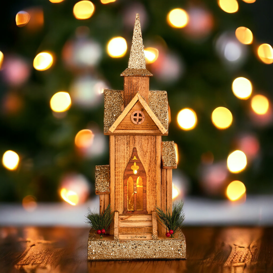 Chiesetta con tetto Dorato 5/Led • 49 cm