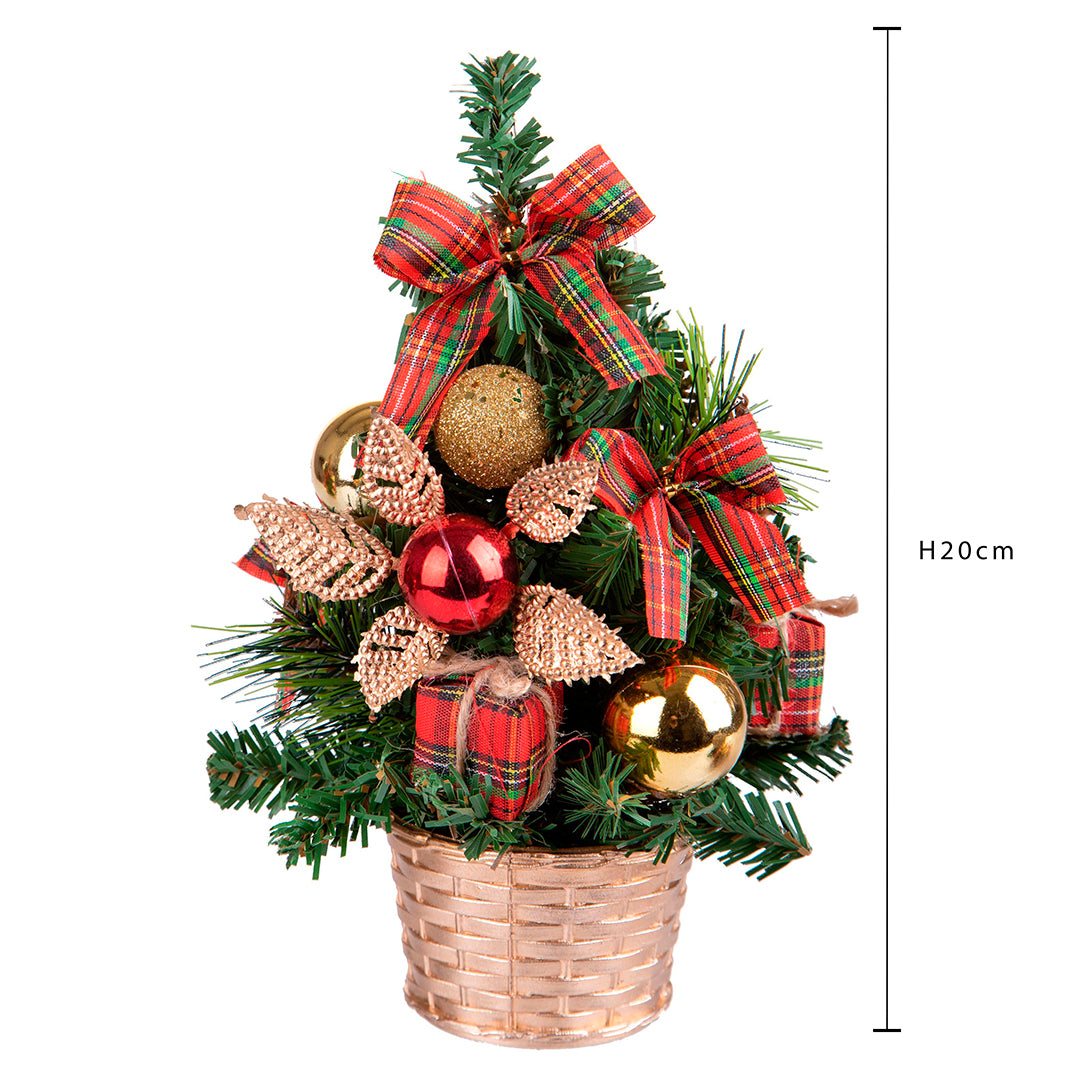 2 Pezzi • Albero di Natale Verde Abete da tavolo con nastro scozzese • 20 cm