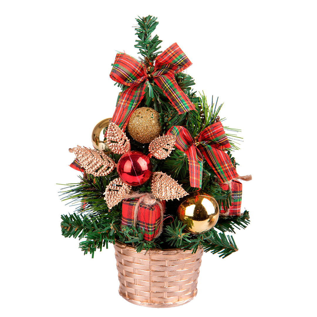 2 Pezzi • Albero di Natale Verde Abete da tavolo con nastro scozzese • 20 cm