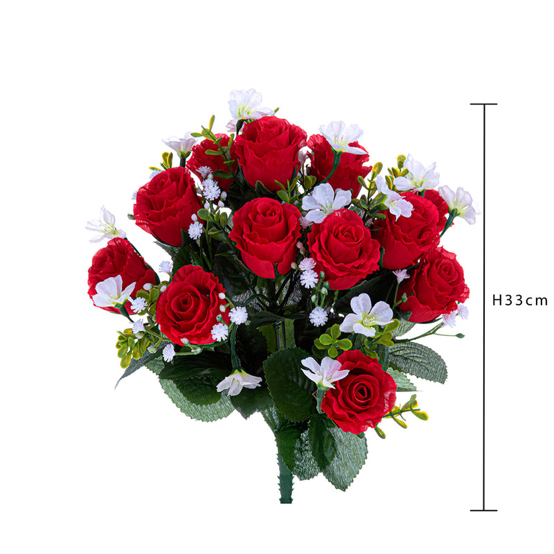 2 Pezzi • Bouquet artificiale per 13 fiori rose e gypsophila • 33 cm