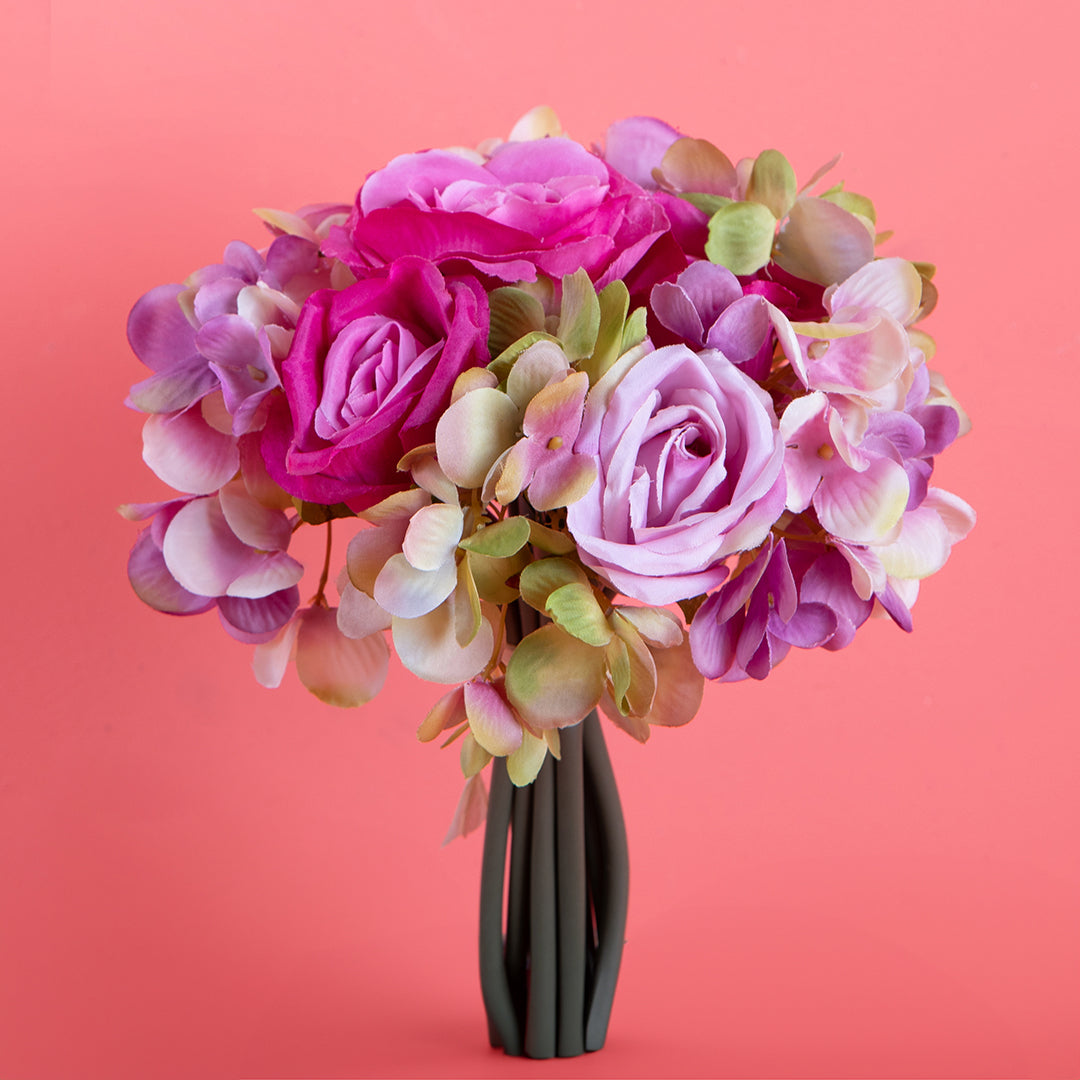 2 Pezzi • Bouquet artificiale 11 fiori rose ortensie • 20 cm