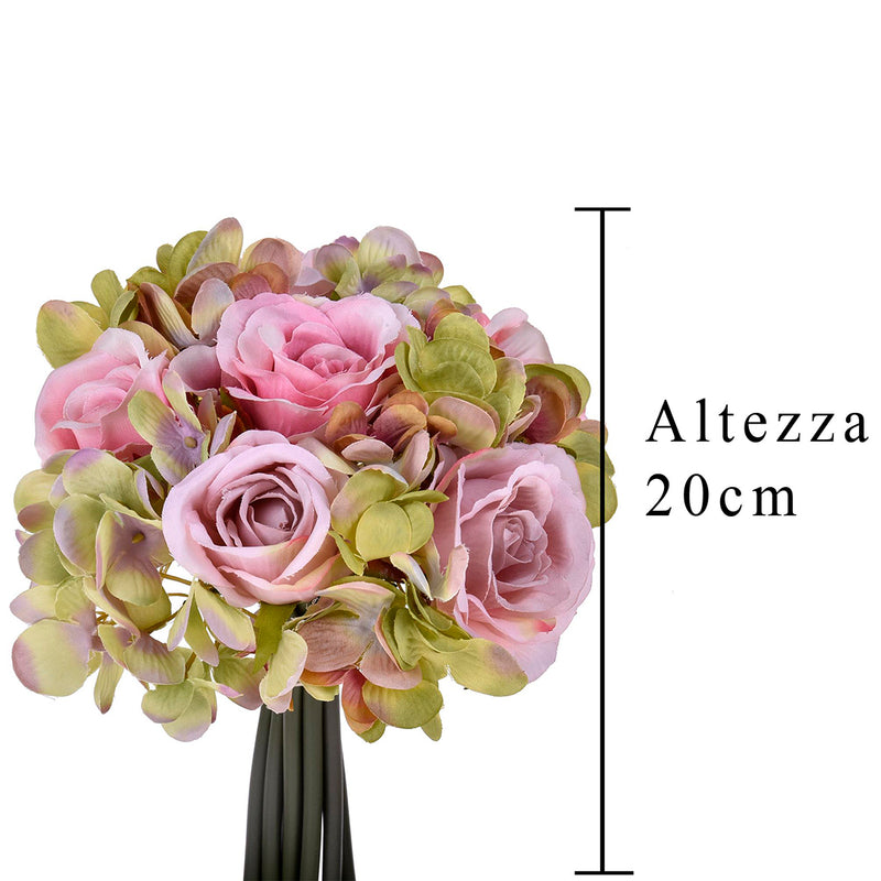 Bouquet artificiale 11 fiori rose ortensie • 20 cm