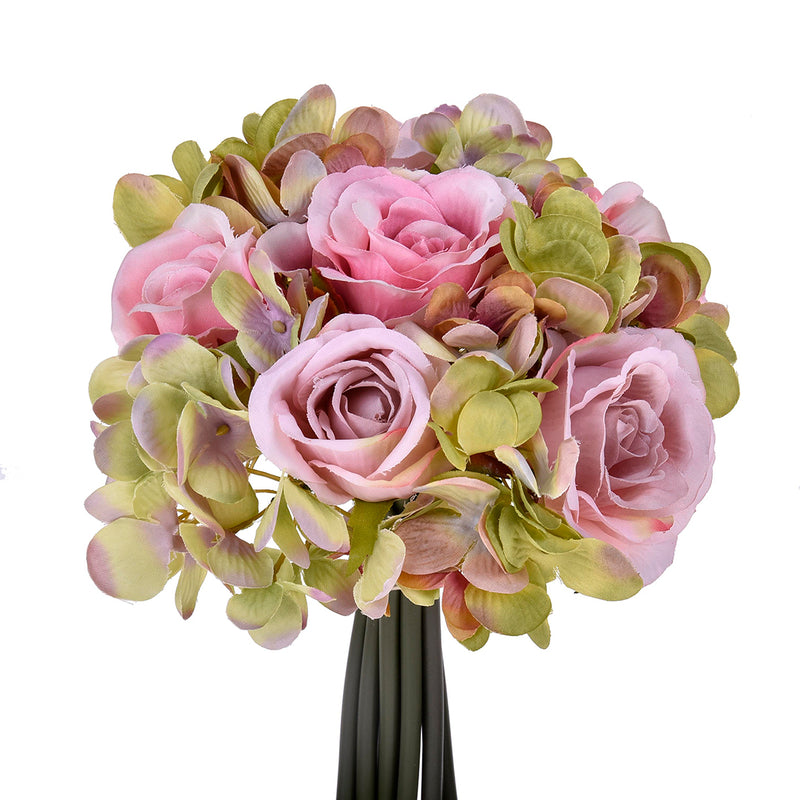 Bouquet artificiale 11 fiori rose ortensie • 20 cm