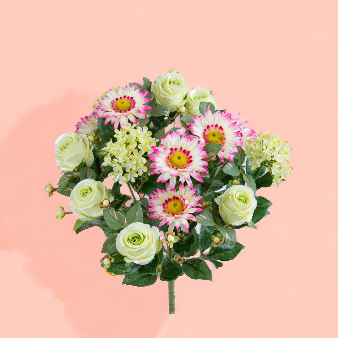 1 Pezzi • Bouquet artificiale rose e gerbera per 16 fiori • 50 cm