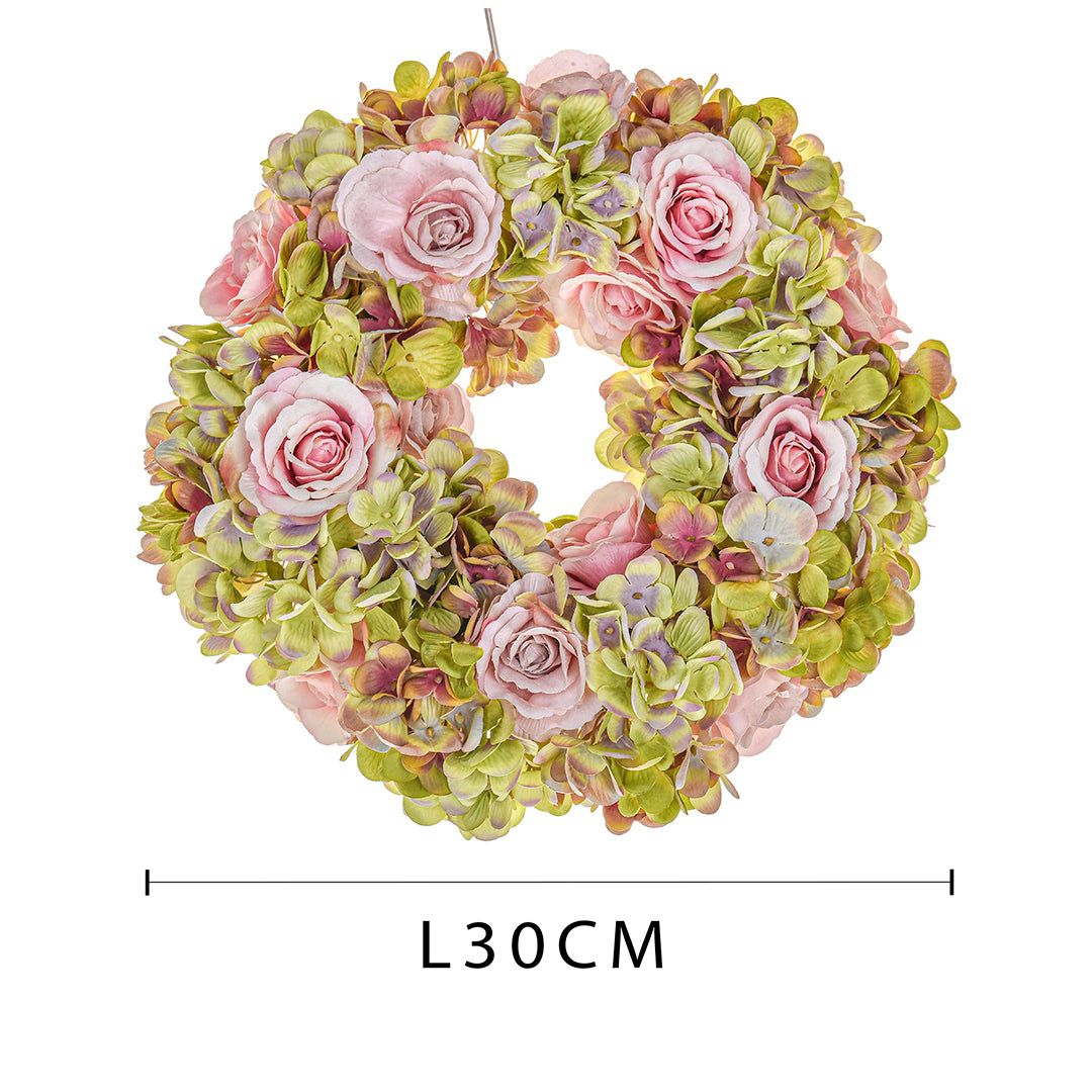 Corona con fiori artificiali di rose e ortensie • 30 cm