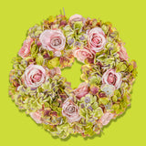 Corona con fiori artificiali di rose e ortensie • 30 cm