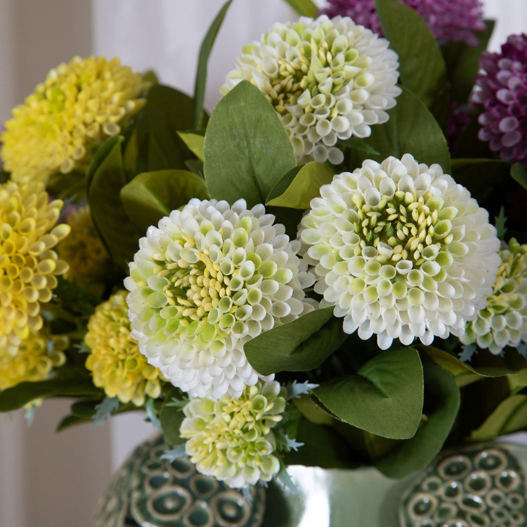 Bouquet Ponpon Dalia con 6 fiori e 21 foglie •  46 cm