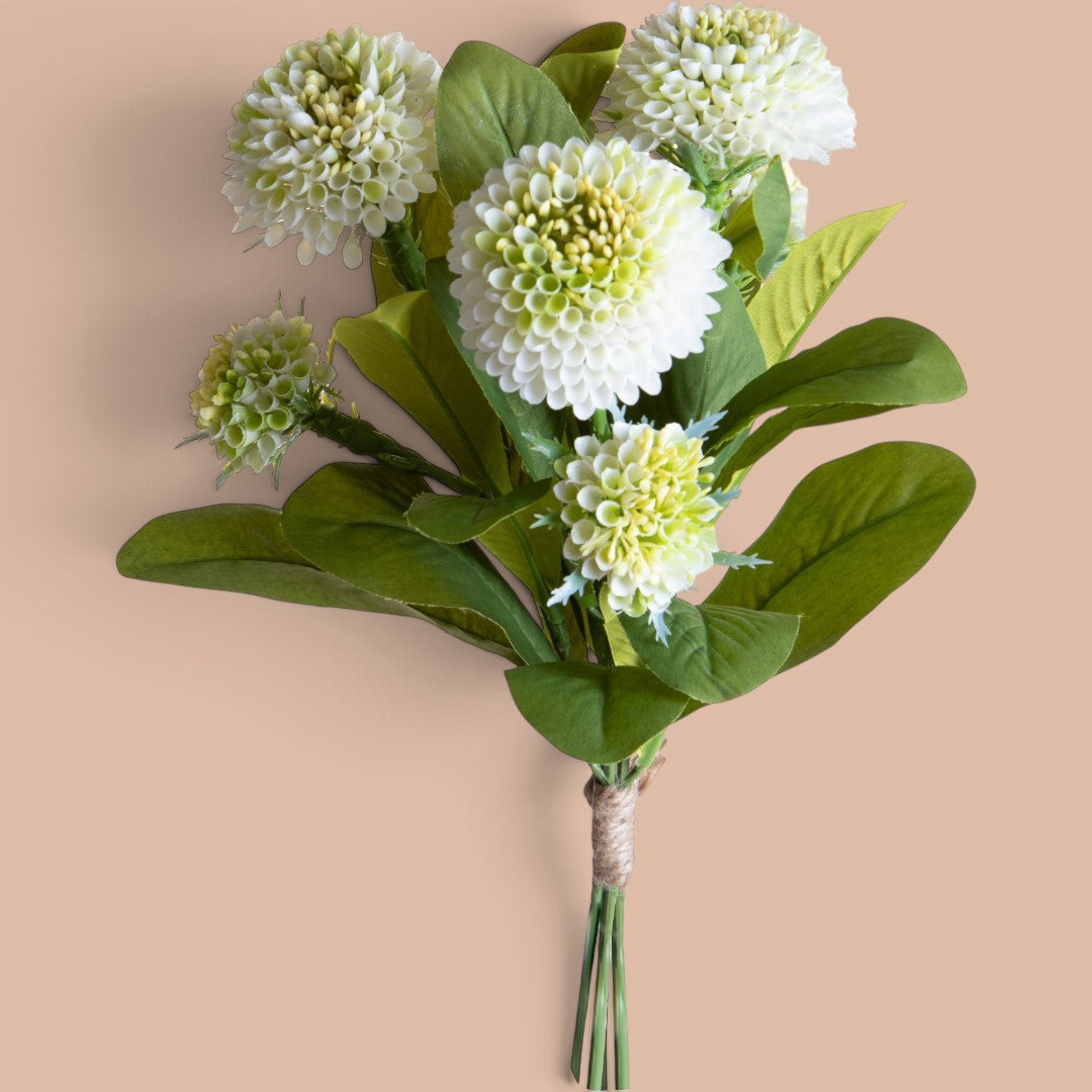 Bouquet Ponpon Dalia con 6 fiori e 21 foglie •  46 cm