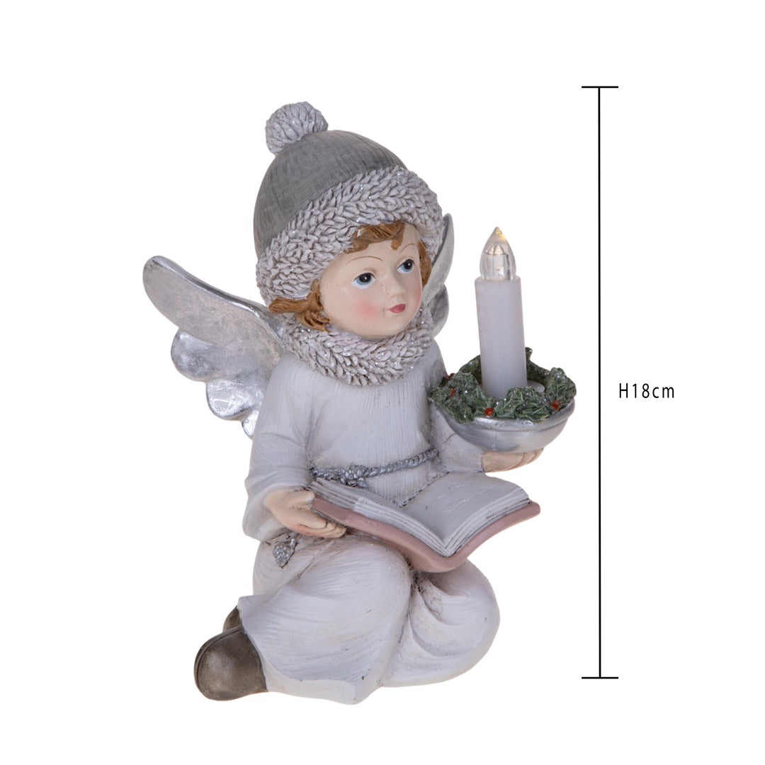 Angelo con libro e candela con led • H 18 cm