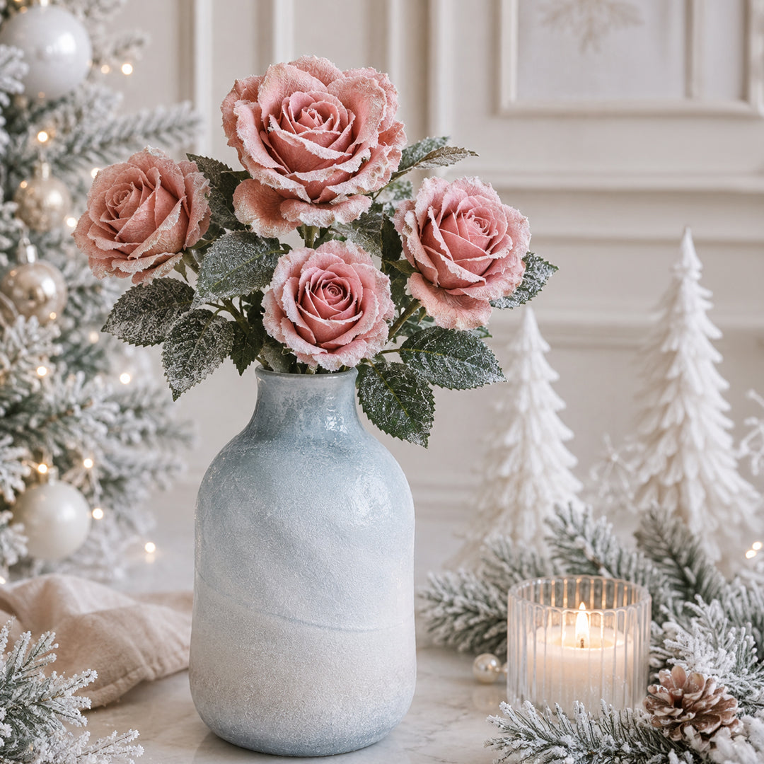 Pezzi 12 • Rosa con foglia glitter • H 55 cm