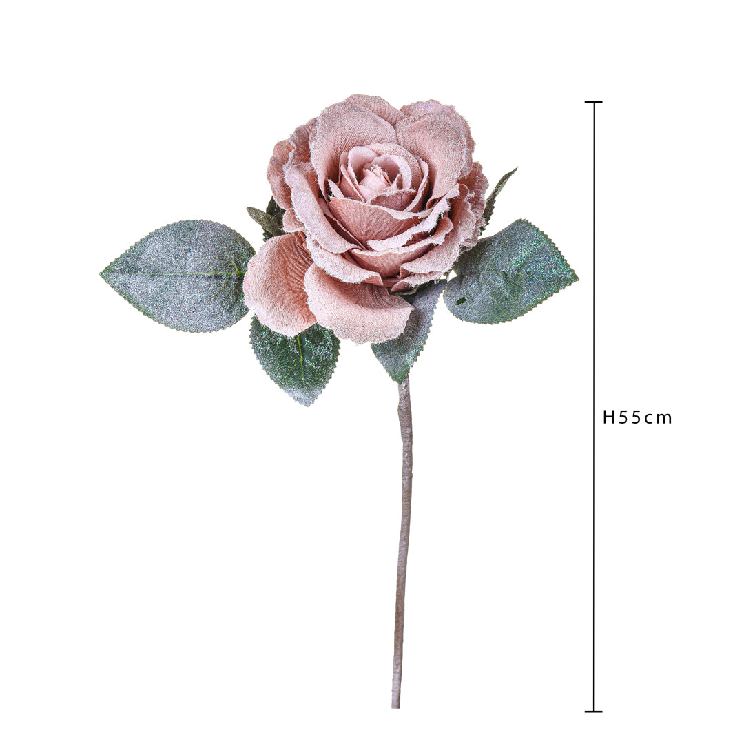 Pezzi 12 • Rosa con foglia glitter • H 55 cm