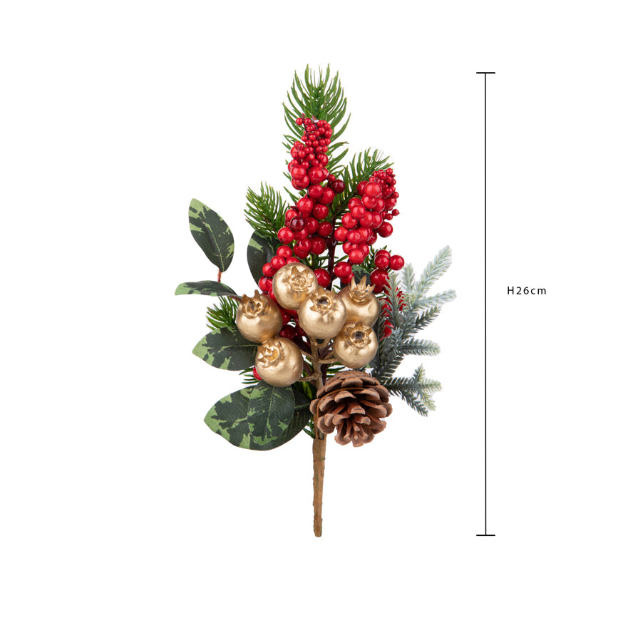 Pezzi 24 • Ramo pino con gold berries • H 26 cm