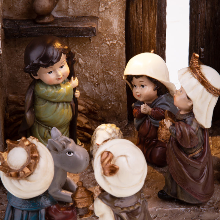 Nativita' h, 9 pz con capanna con led • H 29 cm
