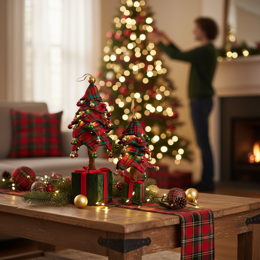 Albero con sfere pacco dono e led • H 70 cm